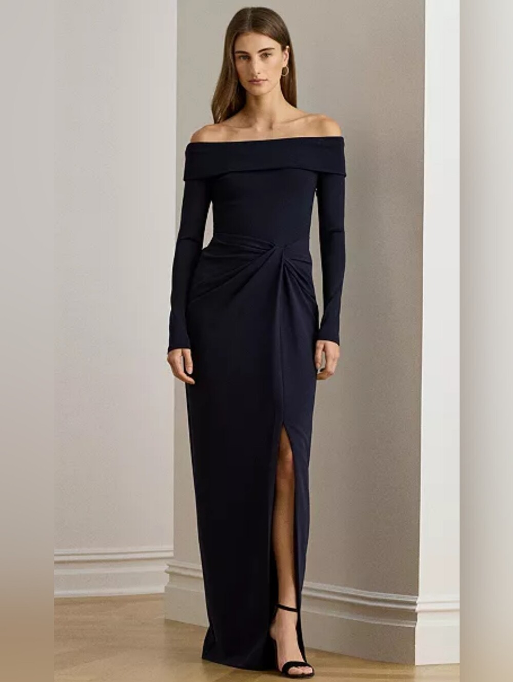 Lauren Ralph Lauren Rib-Knit Off-The-Shoulder Gown Dress Lighthouse Navy Size 6